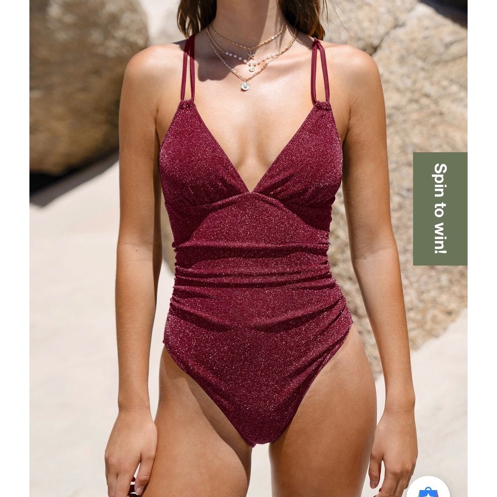 Berlook Burgundy Metallic Ruched‎ One Piece Swimsuit Lace Up Back XL New